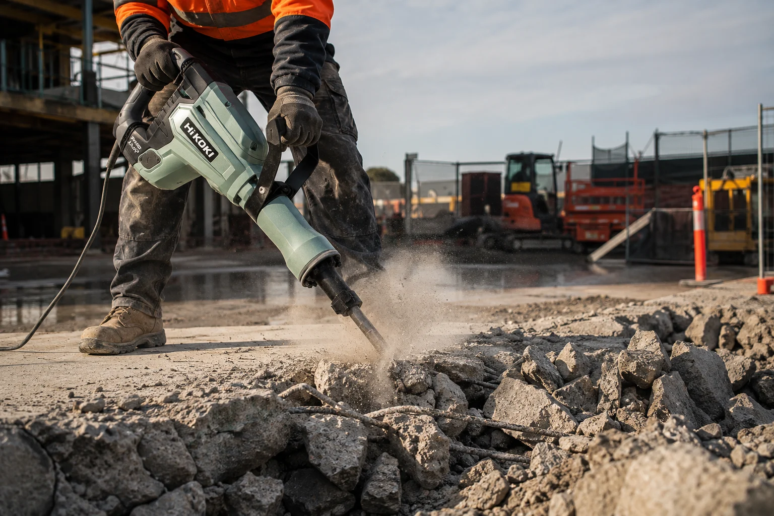 Jackhammer breaking concrete on site