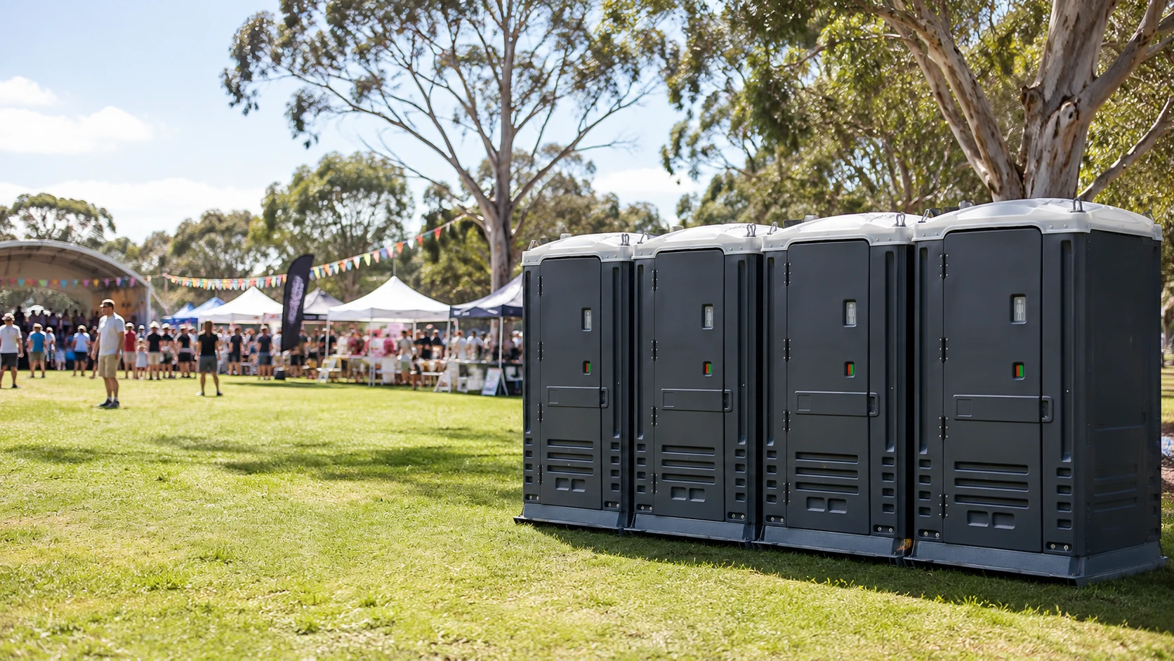 WIDE PHOTO: PORTABLE TOILETS DELIVERED FOR AN EVENT OR ON A BUILDING SITE
