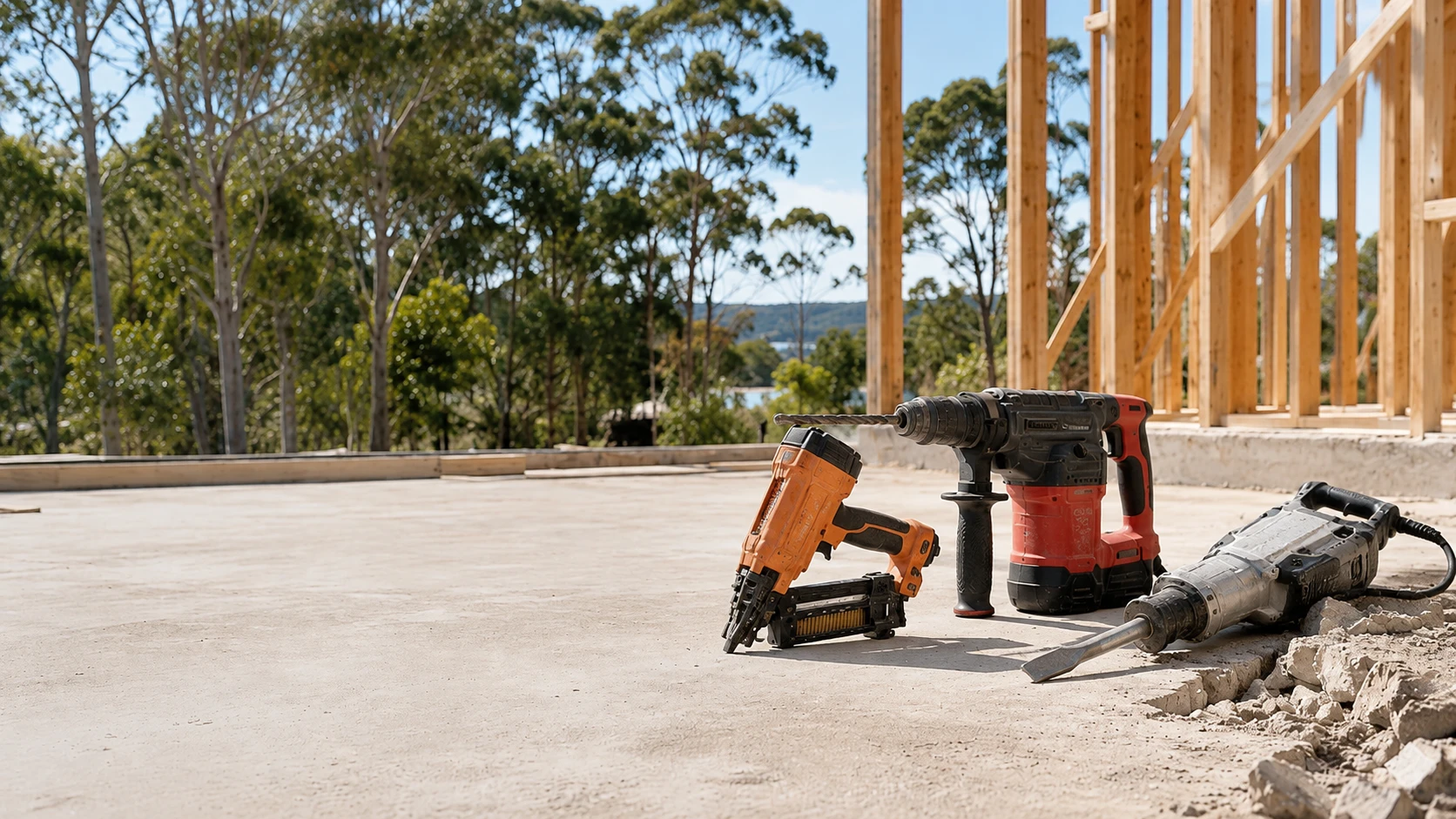 WIDE PHOTO: TRADE TOOLS LAID OUT ON A WORKBENCH OR IN USE